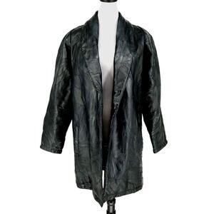 Navarre Leather Coat Jacket Womens Medium Black Lined Patchwork Look Outdoor
